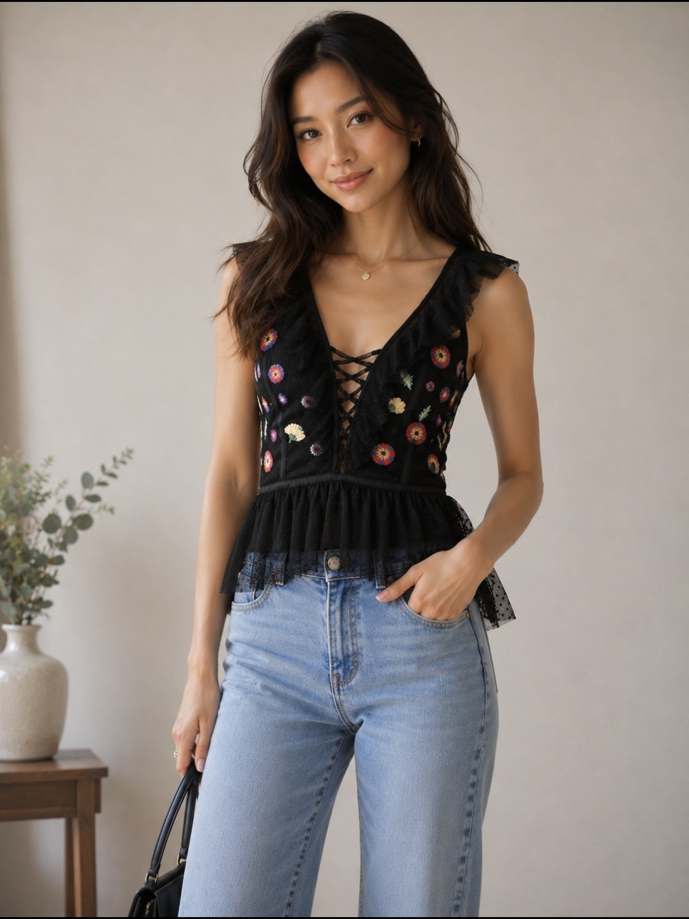 Guess Black Floral Embroidered Lace-Up Peplum Camisole